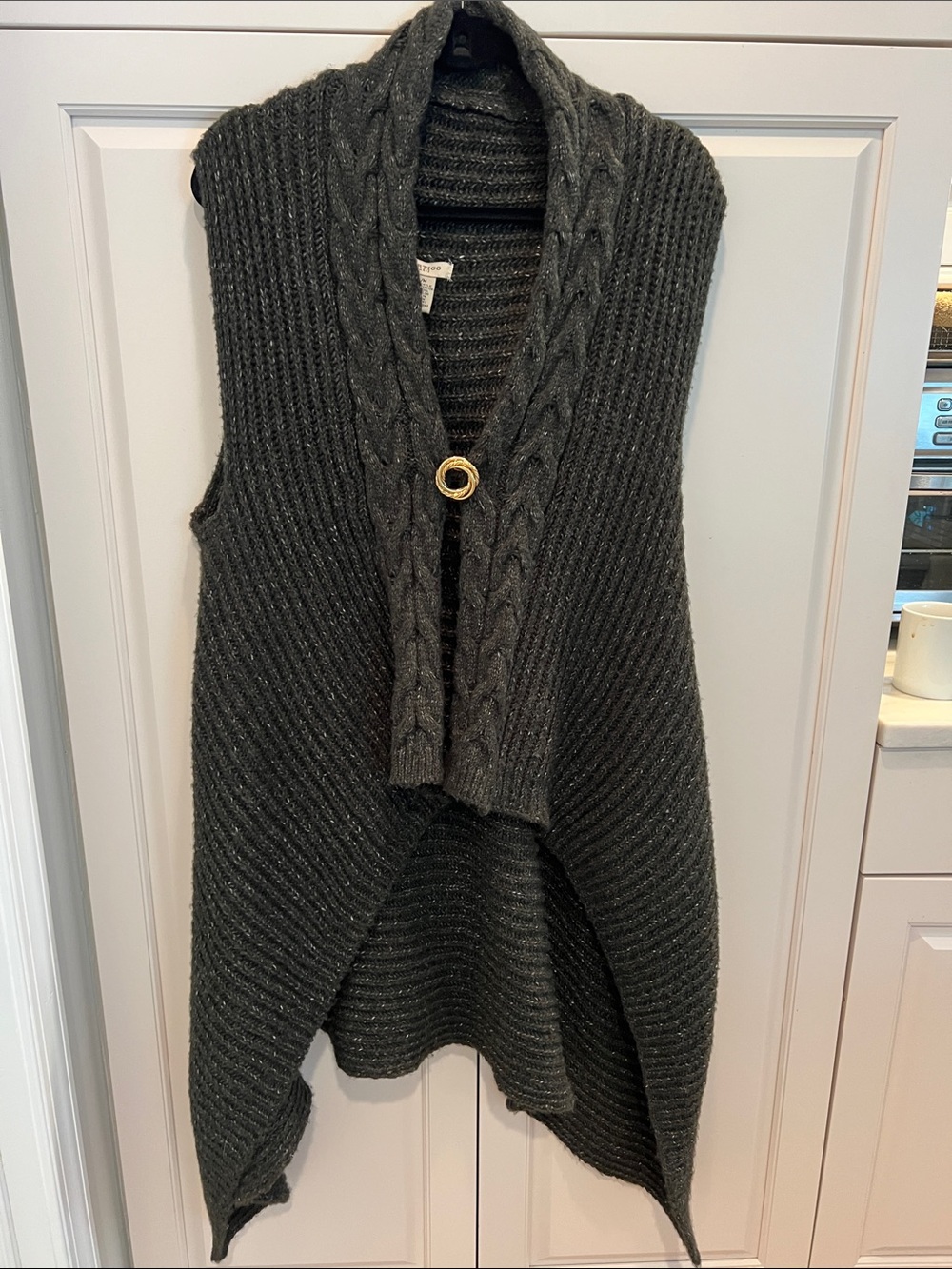 Vertigo Paris Charcoal Cable-Trim Open Front Sweater Vest with Gold Ring